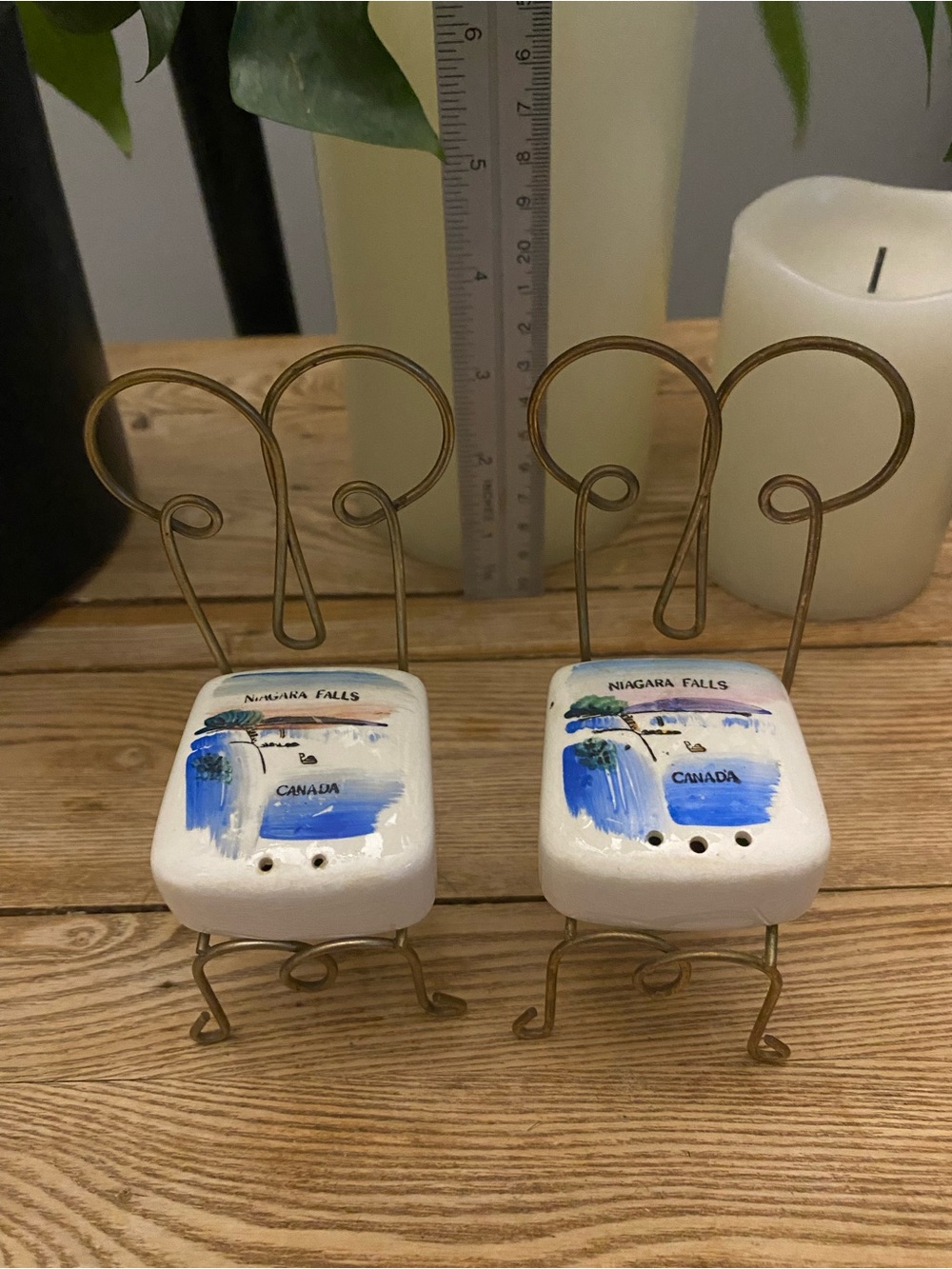 Vintage Niagara Falls Canada Chair Salt Pepper Shakers Brass Wire Frames Japan